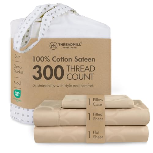 Image of Threadmill 300 Thread Count Cotton Twin Sheet Set, Sateen, Jacquard, Beige | 100% Cotton, Sateen Weave, Jacquard Pattern, 3-Piece Set, 16 inch Deep Pocket, Cooling, Breathable, OEKO-TEX Certified