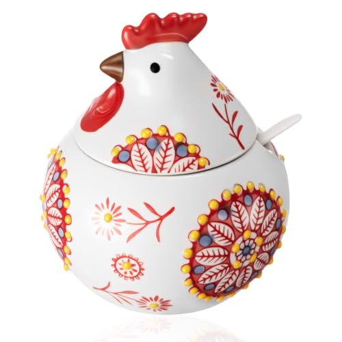 Ceramic Salt Cellar with Lid and Spoon, 13 oz Large Chicken Salt Jar,Red