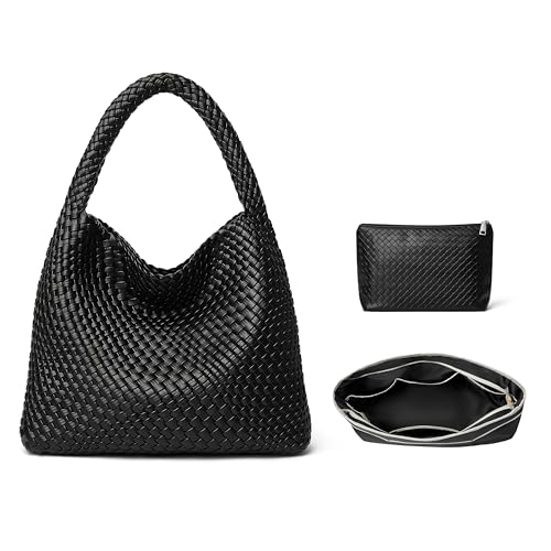 DAILANDO Fashion Woven Tote Bag For Women, Soft Hobo Weave Shoulder Purse With Insert Organizer (Version 2-Black)