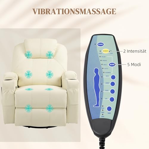 HOMCOM Relaxsessel mit Massagefunktion, Elektrisch Fernsehsessel mit Liegefunktion, Wippfunktion, Drehbar Massagesessel mit Federsystem, Fernbedienung, Becherhalter und Seitentasche, Cremeweiß – Bild 5