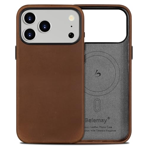 Belemay Handcrafted Crazy Horse Leather Case for iPhone 17 Pro, Compatible with MagSafe, Vintage Aesthetic, Two-Tone Effect, Unique Patina, Camera Control Button, Metal Buttons (6.3'), Vintage Brown