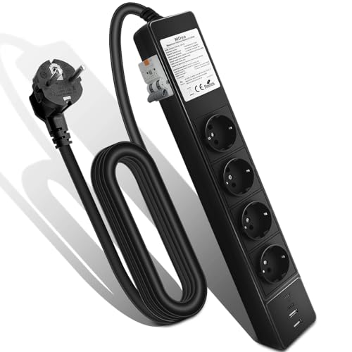 MDee RCD Multiprise avec 4 Ports USB, 3680W Multiprise Electrique avec disjoncteur différentiel, 4 Prises, 16A, Protection Contre Les Surtensions, Câble 3M pour...
