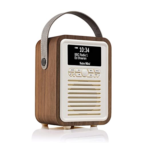 Retro Mini Portable Dab Radio Mains Powered - Digital Dab Radio Alarm Clock - Rechargeable Bluetooth Radio Battery Powered with Aux - Bedside FM, Dab+ Radios with Dual Alarms Battery Operated -Walnut