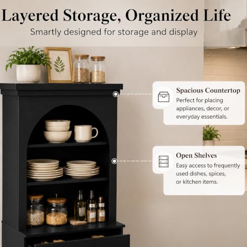 Image of ivaniti 71 inch Arched Kitchen Pantry Cabinet Set of 4 with 12 Drawers, Black Freestanding Storage Hutch with Open Shelves and Gold Handles for Kitchen, Dining Room