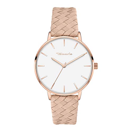 Tamaris Damenuhr mit Lederband – Runde Schlichte Armbanduhr für Damen 36 mm - Armbanduhr - Roségold und Geflochtenes Lederband Beige – Ansicht 1