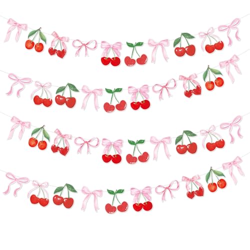 Image of Cherry Party Decorations Cherry and Bow Hanging Banner 4PCS Cherry On Top Baby Shower Decorations for Birthday Bridal Shower Bachelorette Wedding Party Supplies