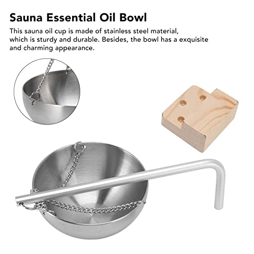 Copo de óleo de aromaterapia pendurado em aço inoxidável, tigela de sauna com bloco de madeira para