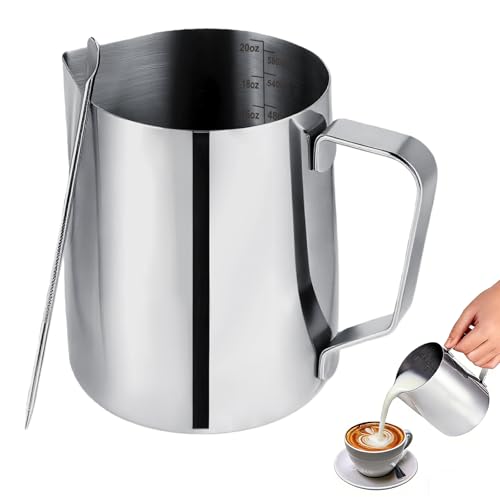 Mokarya Coffee Milk frother jug 600ml Milk jug for Coffee Machine with Latte Art Pen Metal Milk Frothing jug Set for Barista-Style Cappuccino and Espresso Drinks