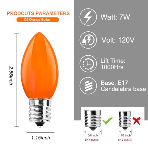 GOOTHY 25 Pack C9 Orange Halloween Replacement Light Bulb, C9 Orange Christmas Lights Bulbs for Halloween Outdoor Patio String Lights, E17 Intermediate Base Night Light Bulbs, 7 Watt, 120 Volt by GOOTHY - Used condition - Image 2