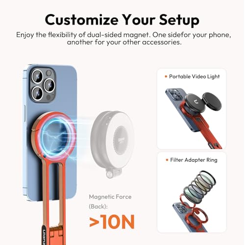 Image of ULANZI MA30 Magnetic Phone Tripod Stand for iPhone - Aluminium Maglock Smartphone Mini Tripod Pocket Cell Phone Stand Strong Magnet Quick Mount Compatible with iPhone 16 15 14 13 12 Series, Orange