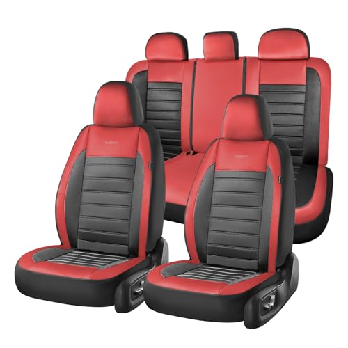 Image of Coverado Car Seat Covers Full Set, Luxury Leather Car Seat Covers, Automotive Front and Rear Mesh Seat Covers, Full Set 5 Seats, Black Red Seat Covers for SUV Sedan Truck