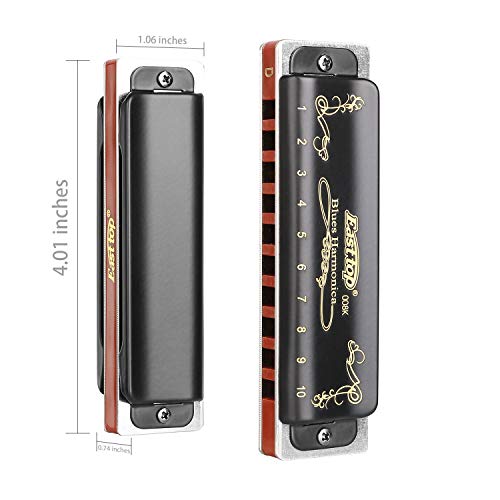 Easttop Harmonica Key of D 10 Hole 20 Tone Diatonic Blues Harmonica D with Case Top Grade for Professional Player,Beginner,Gift(East Top)- Black (D)