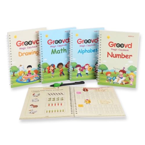 Groovd Children's Magic Copybooks - Reusable Grooved Writing Books for Kids - Handwriting Practice Workbooks, Calligraphy Learning Kit & Tracing Tools Set, 4 Books with Pen & Ink Refills (Ages 3-8)
