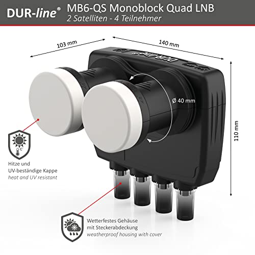 DUR-line 6° Monoblock Quad LNB - Astra 19,2°E + Hotbird 13°E - 4 Teilnehmer & 2 Satelliten (MB6-QS) - Doppel-LNC mit integriertem DiSEqC - Full HD, 4K, 8K, 3D - Wetterfest + Mobilfunk-Abschirmung