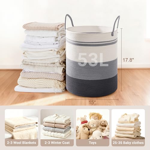 Image of 53L Tall Cotton Rope Laundry Basket with Handles, Grey Striped