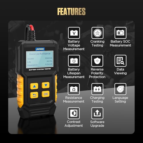 Image of Car Battery Tester 12V Battery Load Tester AUTOOL BT360 6V-30V DC Charging Cranking Test 100-2000 CCA Automotive Alternator Tester Digital Auto Battery Analyzer for Vehicle Truck Motorcycle SUV Boat