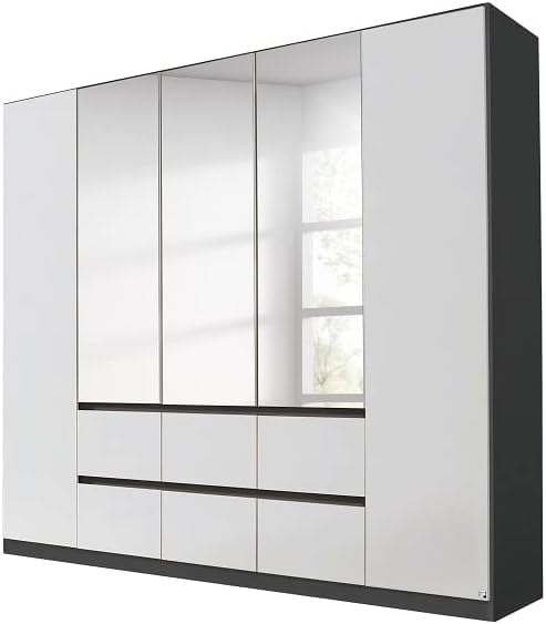 Engineered Wood Wardrobe With 5 Sliding Doors 6 Drawers - Modern Wardrobe With Mirror, Bar And Shelves -White/Grey Color(Wxhxd): 210X200X54 Cm.