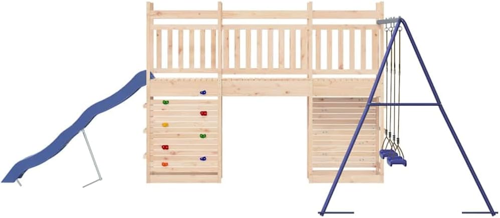 Outdoor Playset Natural Pine Wood with Wavy Slide, Two Saddle Swings, and Climbing Wall for Backyard Fun and Physical Activity