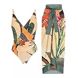 One Piece Bathing Suit for Women with Beach Cover up Wrap Skirt Two Piece Swimsuit Sarong Retro Floral Print Bikini Set (as1, alpha, l, regular, regular, Floral One-piece Bikini + Gauze Skirt Set)