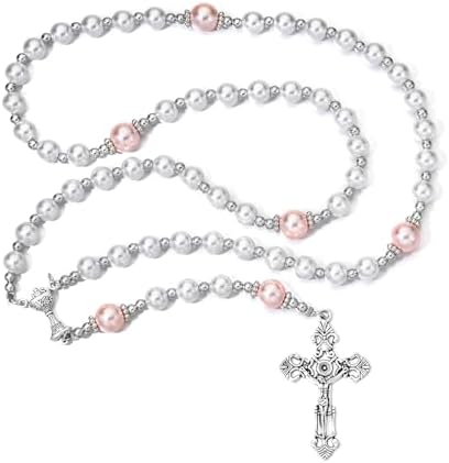 Merroyal First Communion Rosary with Glass Pearl Beads, Ornate Crucifix and Chalice Centerpiece, 18.5 Inches, Gift Box and Satin Bag Included, 18.5 Inches, Glass Pearl Metal Alloy Satin, glass bead — view 2