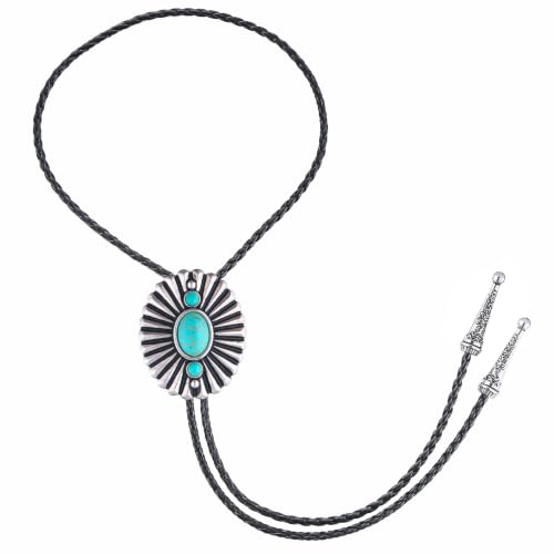 Image of Turquoise Bolo Tie for Men, Leather Braided Necktie Western Cowboy Bola Tie Costume Accessories for Men Women