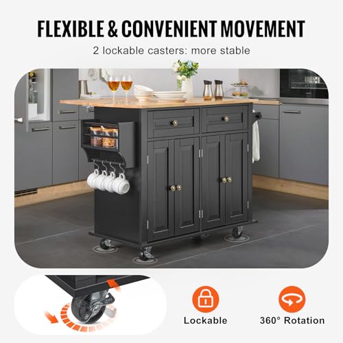 VEVOR-Kitchen-Island-Cart-35-Wood-Top-Mobile-Carts-with-Storage-Cabinet-Rolling-Table-with-Drop-Leaf-Spice-Rack-Towel-Bar-Adjustable-Shelf-Drawer-and-Hooks-Portable-Islands-on-Wheels-Black