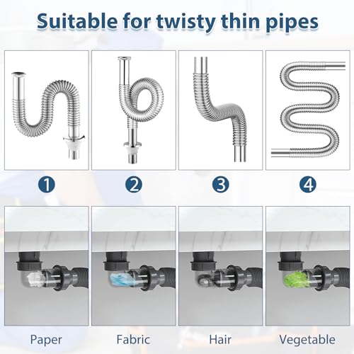 2er Set Flexible Abflussbürste 138cm Multifunktionale Reinigungsbürste Schlauchbürste Abflussreiniger Spirale Abfluss, Kühlschrankbürste, Lange Bürste für Rohre mit Schmalem Abflussloch