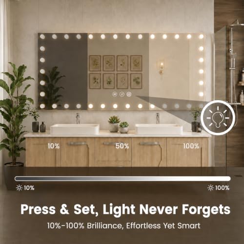 Image of WTTY 96 inchx36 inch Hollywood Vanity Mirror with Lights, Wall-Mounted Makeup Mirror with 3 Color Temperatures, Stepless Dimmable Bulbs, Anti-Fog & Shatter-Proof