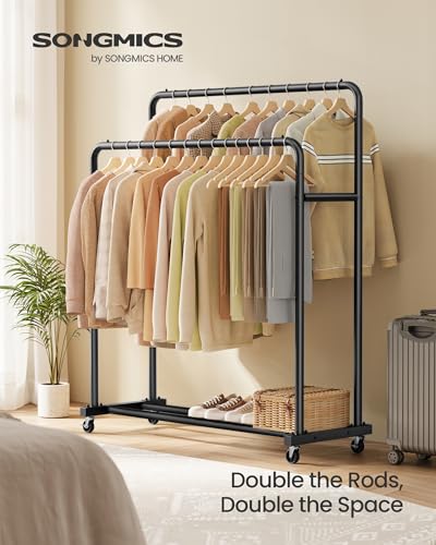 SONGMICS Clothes Rack, Garment Rack on Wheels, Coat Rack, 2 Lockable Wheels, Bedroom, Double Rods, Holds up to 90 kg, 46.5 x 110 x 155.5 cm, Ink Black HSR017BH01