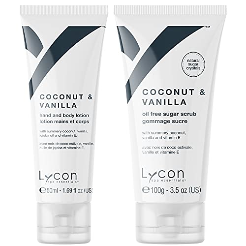 Coconut Vanilla Sugar Scrub and Body Lotion Set - Includes 50ml Coconut Vanilla Body Lotion and 100g Sugar Body Scrub - Exfoliating Sugar Scrub and Body Lotion for Women