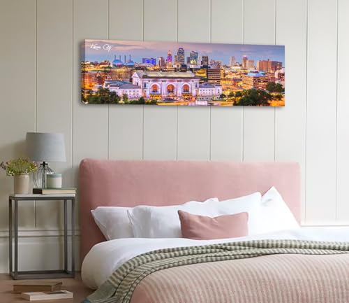 Image of Kansas City Skyline Wall Art Canvas Prints, Framed, 13.8 inchx45.3 inch | Cityscape USA City Building, Panoramic Night View, Modern Home Office Living Room Decoration