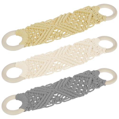 KTZCTPCA 3Pcs Boho Macrame Crochet Dish Towel Holder, Hanging Kitchen Towels Ring, White, Yellow, Grey, Cotton Rope & Wood
