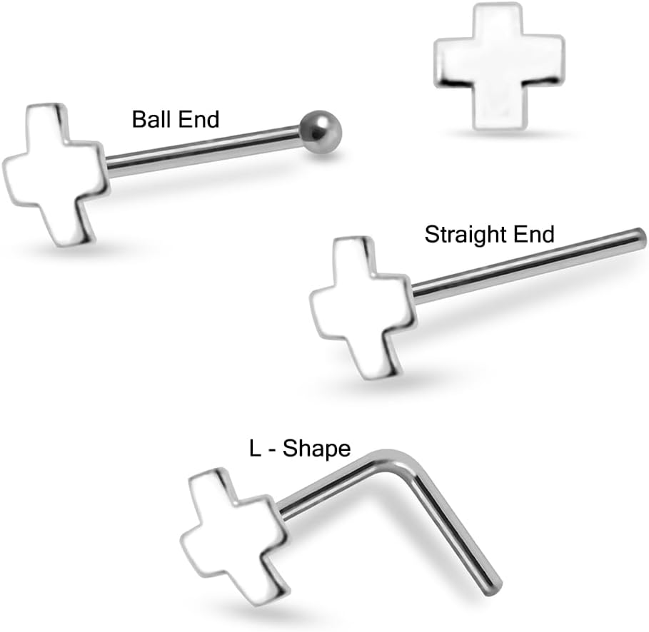20 Pieces Box Set Plain Flat Cross Design 22 Gauge 925 Sterling Silver Ball End, Straight End, L Shape Nose Stud - Nose Pin - Tiny Nose Ring - Nose Piercing Body Jewelry