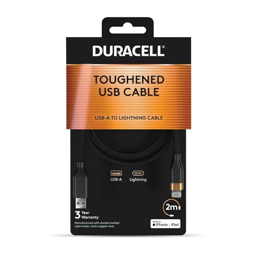 Duracell Câble USB A vers Lightning tressé de 2 m, câble de charge et de synchronisation rapide pour iPhone, iPad, AirPods et appareils Apple