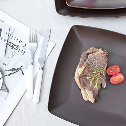Melamine 12Pcs Classic Square Dinnerware Set, Concise Plates And Bowls Set, Service For 4, Dishwasher Safe (Dark Brown) #TOP5