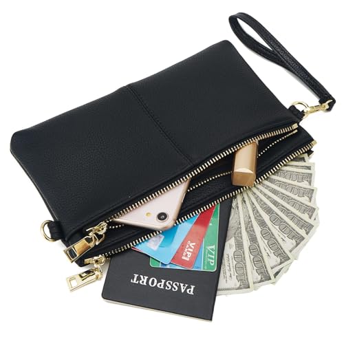 ZOUIQSS Kleine Dreifach Reißverschluss Umhängetasche Leichte Handtaschen Geldbörse Vegan Kunstleder Handgelenkstasche,Inklusive verstellbarer Schulter(Black(LZ))