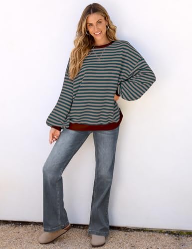 Image of UEU Women Oversized Striped Crewneck Sweatshirt Long Sleeve Color Block Pullover Tops Casual Loose Workout Shirt