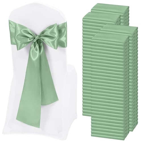 120 bandas de satén verde salvia para sillas con lazos y lazos, fundas para sillas para bodas, Acción de Gracias, Navidad, banquetes y fiestas (7 x 108 pulgadas)