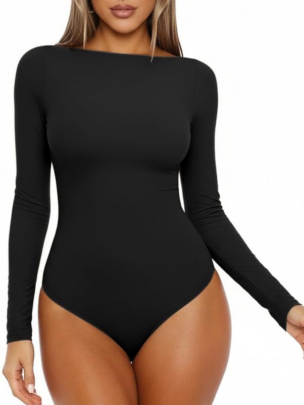 Damskie body z dekoltem w łódkę z długim rękawem body top na co dzień damski jednoczęściowy trykot tanga podstawowa bielizna modelująca body rozciągliwe miękkie wyjściowe topy slim fit