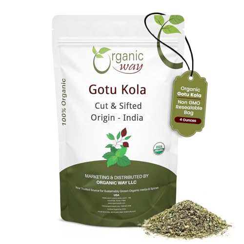 Organic Way Dried Gotu Kola Cut & Sifted (Centella asiatica) - Kosher & USDA Certified | Vegan, Non-GMO & Gluten Free | Tested for Heavy Metal | Resealable Bag | 100% Raw from India (1/4LBS / 4Oz.)