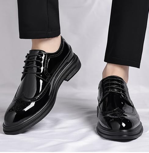 Men's Black Patent Leather Wingtip Dress Oxford Shoes Classic Modern Lace-up Plain Toe Business Casual Brogue Leather Shoes 6