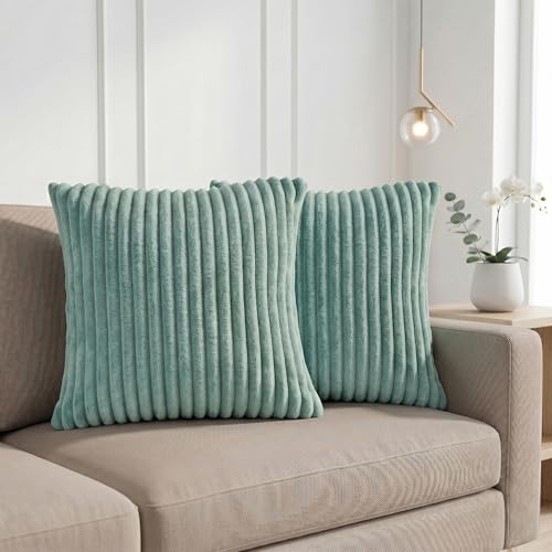 Image of Yellow Weaves Pencil-Stripe Fur Cushion Covers | Soft Polyester | Decorative Sofa & Throw Pillow Covers | 16x16 Inches, Pack of 2 (Sea Green)
