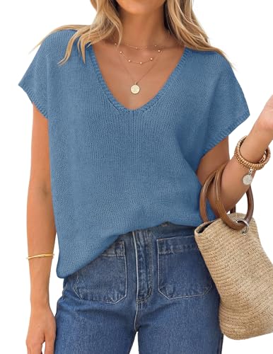ZESICA Summer Short Sleeve Sweater for Women 2026 Casual V Neck Oversized Sweater Vest Lightweight Knit Pullover Tops, Dustyblue, Large