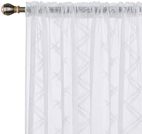 Deconovo Sheer Curtains Embroidered Patterned Semi Faux Linen Rod Pocket Curtains for Living Room 52x84 Inch Beige