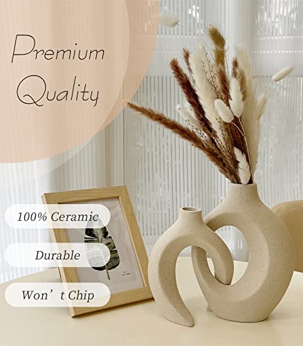 Goldtimo White Ceramic Vase For Decor, Modern Home Décor Vase Set Of 2, Circle Matte Hollow Donut Pampas Flower Vases Nordic Boho Ins Style For Wedding Dinner Table Living Room Office Bedroom Décor #TOP1