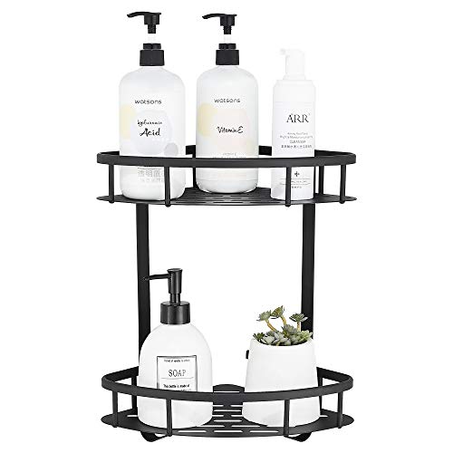 Gricol Badkamer Douche Hoekplank 2 Tier Geen Boren Zelfklevende Driehoek Douche Caddy Planken Wandmontage Niet Roest Aluminium Stok Opbergrekken Mand met 2 haken voor Badkamer Keuken Zwart