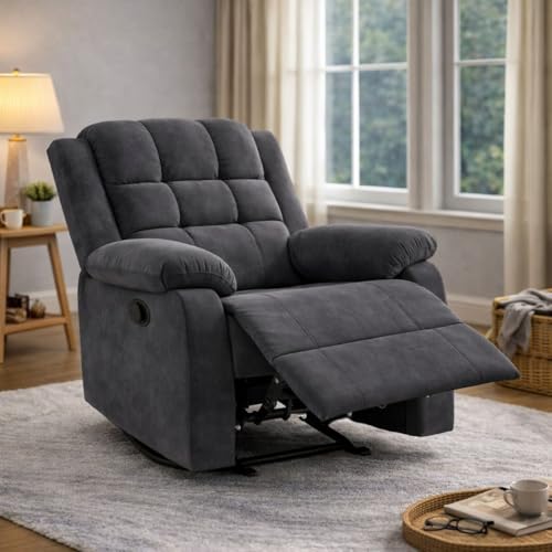 Image of Comfortable Single Seater Fabric Recliner Sofa Chair with Manual Push Back Mechanism & Extra Cushioning for Living Room, Color: Manu Grey-G