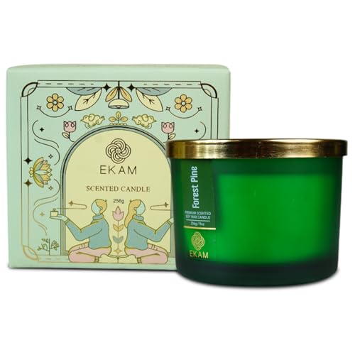 Image of EKAM 3 Wick Soy Wax Scented Candle | Forest Pine Fragrance | 35 Hr Burn | Long Lasting Premium Jar Candle for Home Decor, Relaxation & Gifting