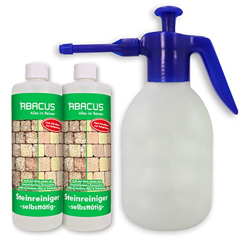 Preisvergleich Produktbild ABACUS® Steinreiniger Set, selbsttätiger Algenentferner & Flechtenentferner, 40% Wirkstoff, gegen Flechten & Algen auf Pflastersteinen Steinreiniger 2x 1000 ml inkl. Sprühflasche (7816.2)