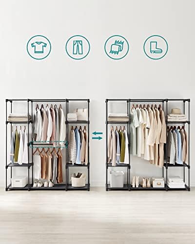 SONGMICS Clothes Wardrobe, Clothes Rack, Portable Closet, 43 x 151 x 166 cm, 4 Hanging Sections, with Compartments, Large Capacity, for Bedroom, Living Room, Laundry Room, Black RYG036B02